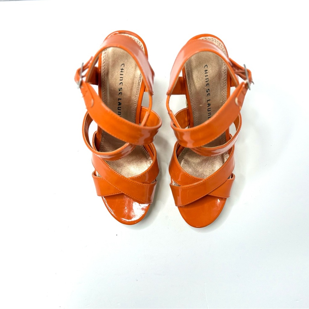 Chinese Laundry Bold Orange Patent Leather Strappy Wedge Sandals Size 8